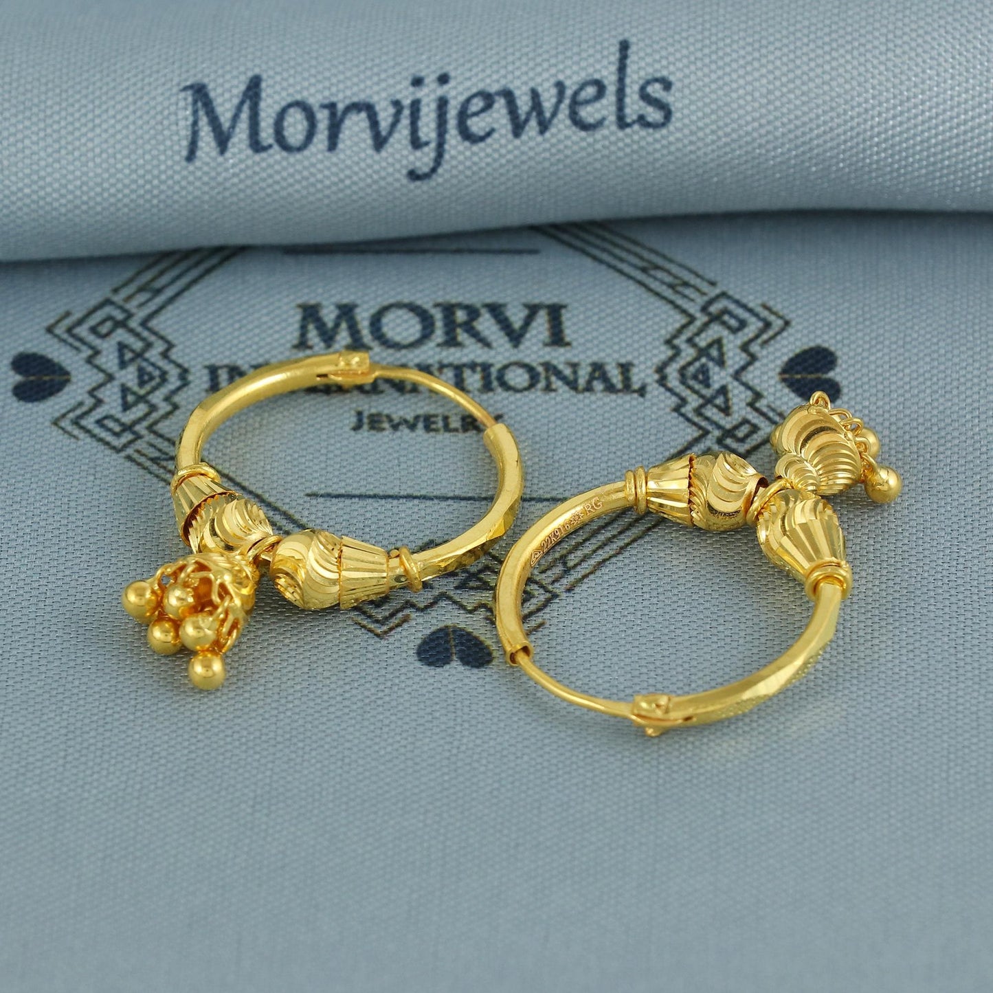Pure 22k Yellow Gold Hoop Bali Earrings, Huggies, Beads Handmade gold earrings for women, Christmas gift, dainty Indian gold earrings