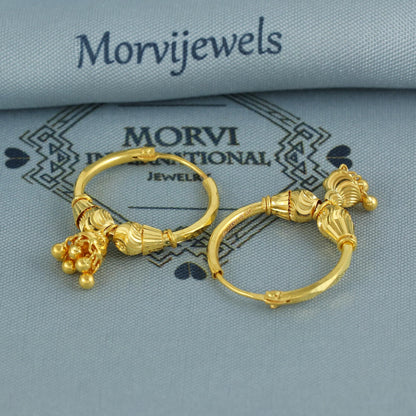 Pure 22k Yellow Gold Hoop Bali Earrings, Huggies, Beads Handmade gold earrings for women, Christmas gift, dainty Indian gold earrings