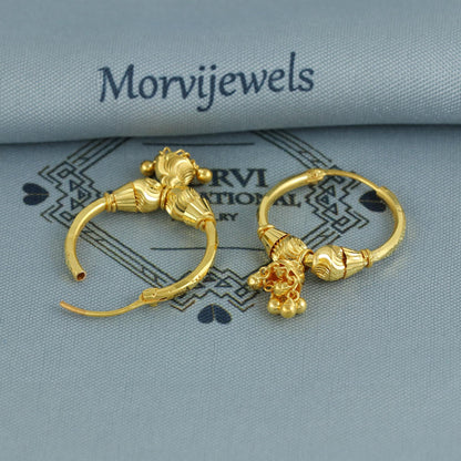 Pure 22k Yellow Gold Hoop Bali Earrings, Huggies, Beads Handmade gold earrings for women, Christmas gift, dainty Indian gold earrings