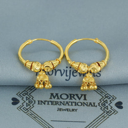 Pure 22k Yellow Gold Hoop Bali Earrings, Huggies, Beads Handmade gold earrings for women, Christmas gift, dainty Indian gold earrings