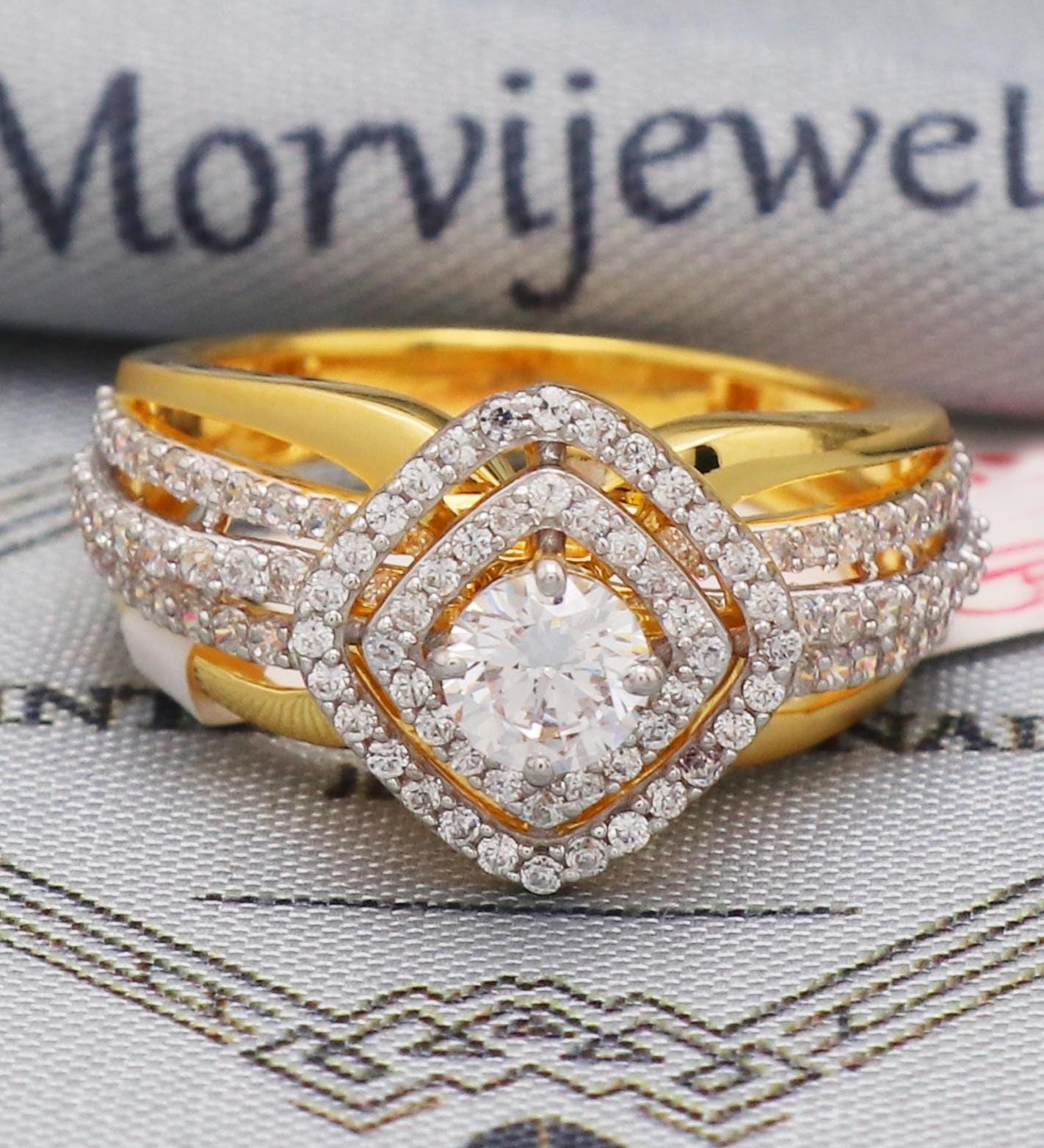 Sparkling Zircons 22k Yellow Gold Ring Handmade Jewelry,  K5561