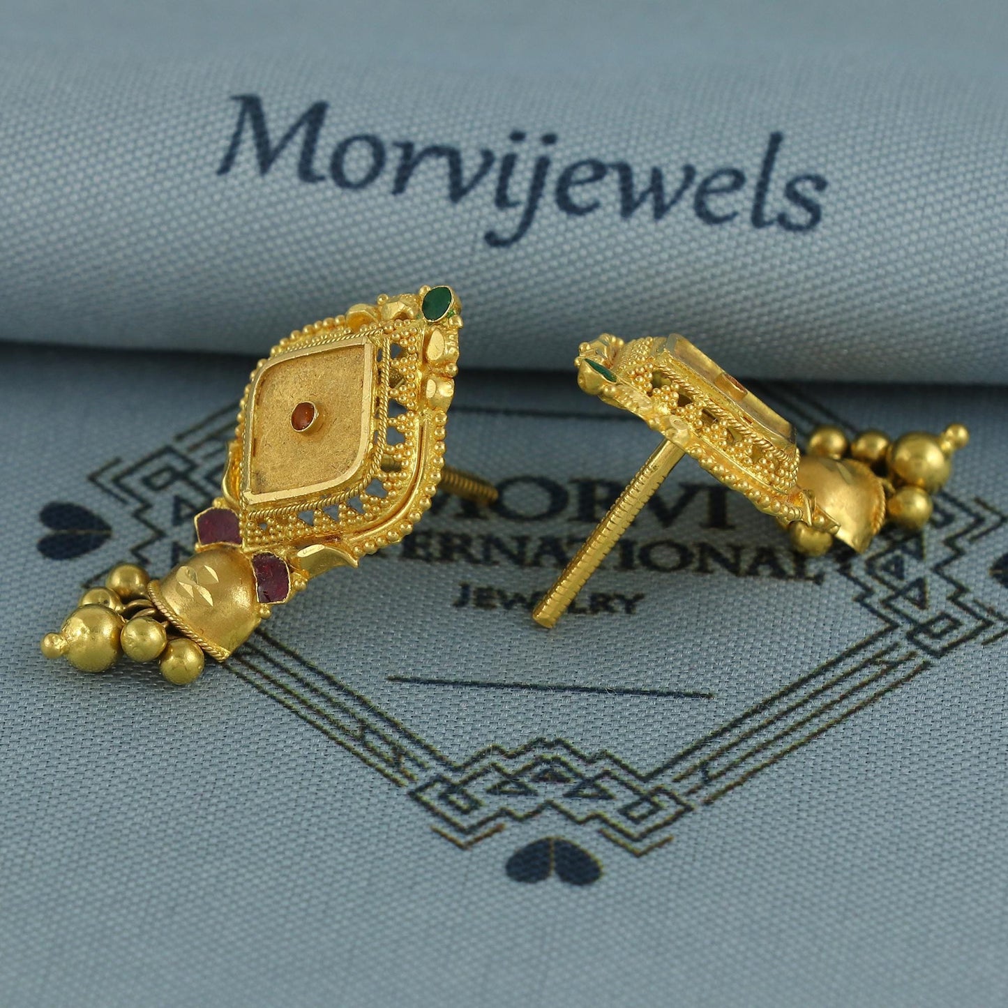 22k Yellow Gold Earrings with Small beads Dangling Handmade Jewelry, K6927