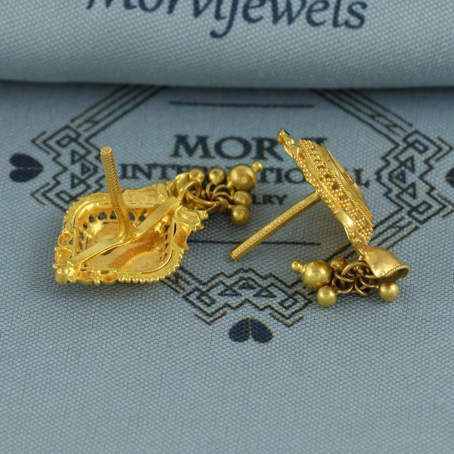22k Yellow Gold Earrings with Small beads Dangling Handmade Jewelry, K6927