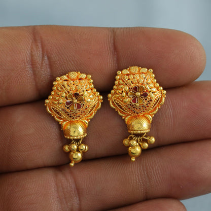 Intricate 22k Yellow Gold Earrings with Small beads Dangling Handmade Jewelry, K6929