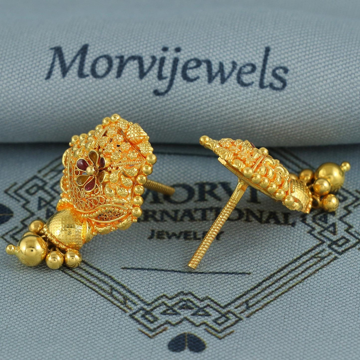 Intricate 22k Yellow Gold Earrings with Small beads Dangling Handmade Jewelry, K6929