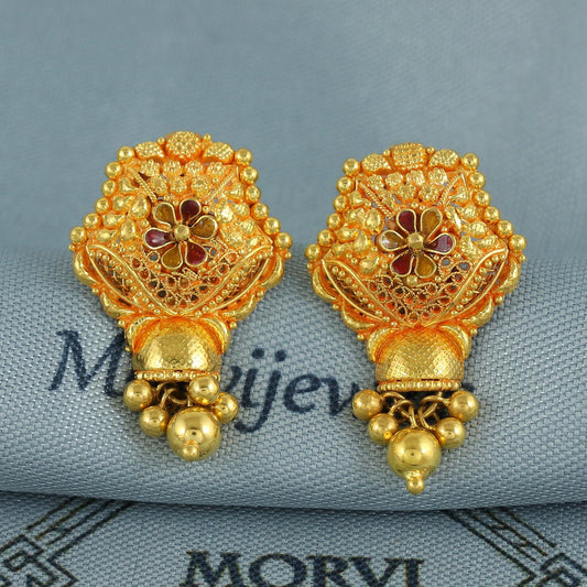 Intricate 22k Yellow Gold Earrings with Small beads Dangling Handmade Jewelry, K6929