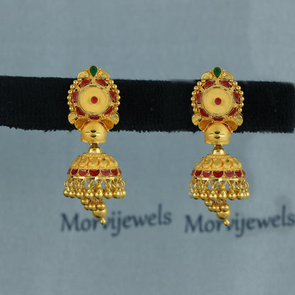 Floral 22k yellow gold earrings stud with dangling, handmade vintage Pure Traditional wedding indian style Jhumki Earrings Chandelier, K6934