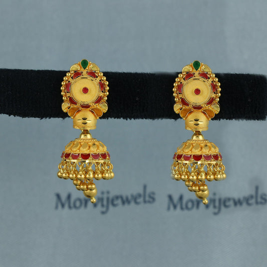 Floral 22k yellow gold earrings stud with dangling, handmade vintage Pure Traditional wedding indian style Jhumki Earrings Chandelier, K6934