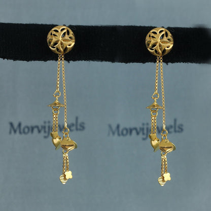 18k yellow gold earrings stud with dangling chain, handmade vintage Pure Traditional wedding indian style Earrings , K6935