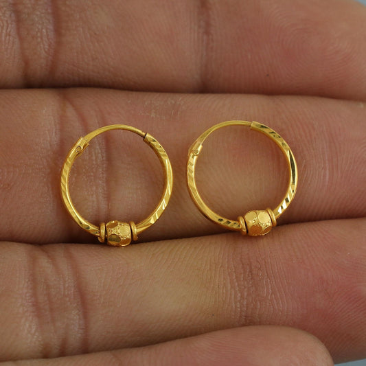 Indian 22k Yellow Gold Hoop Earrings handmade wedding women girl beads hoop indian jewelry, K6938