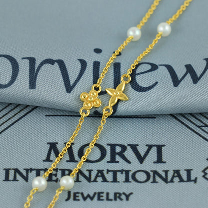 22k gold heart chain necklace with pearls and star charms handmade indian jewelry, MJ0136
