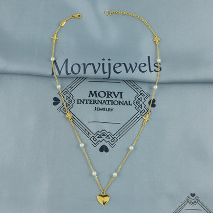 22k gold heart chain necklace with pearls and star charms handmade indian jewelry, MJ0136