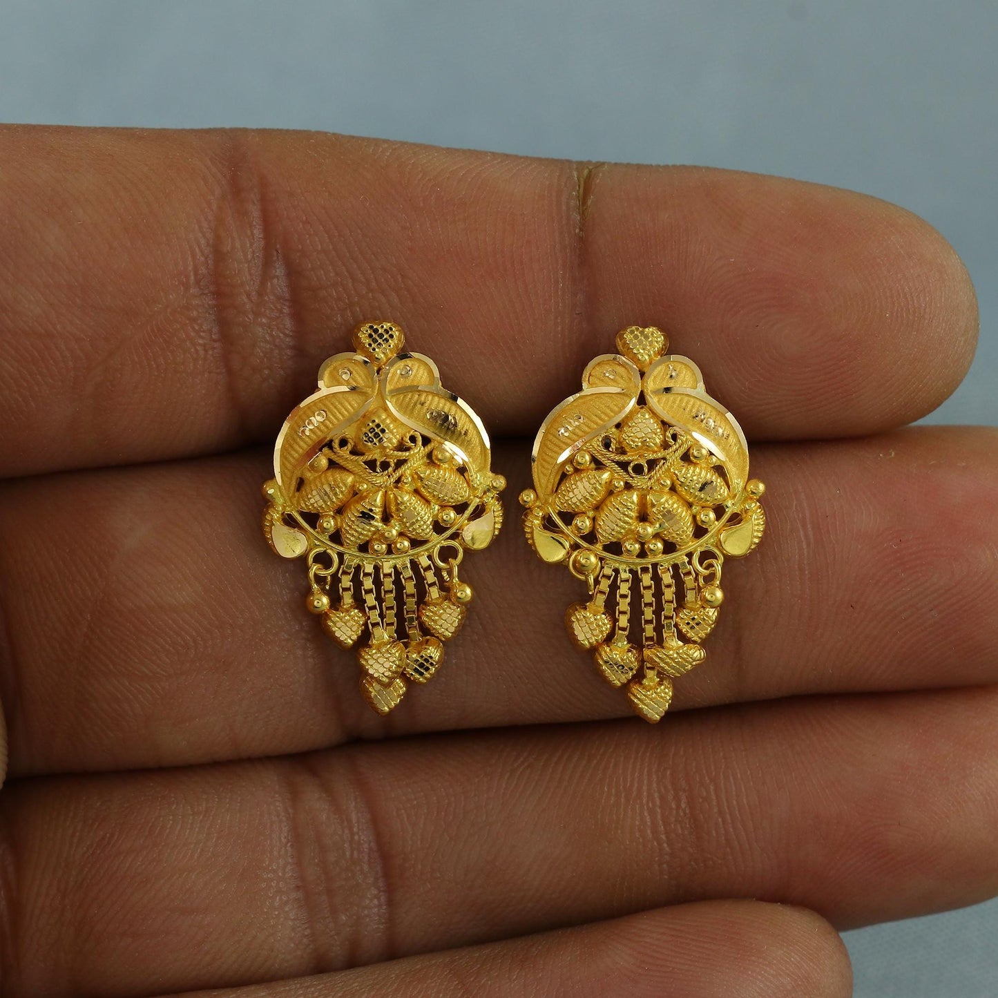 22k Yellow Gold Earrings Intricate Handmade Indian 22kt Gold Stud Dangling chain Earrings Jewelry for Gift, K6944
