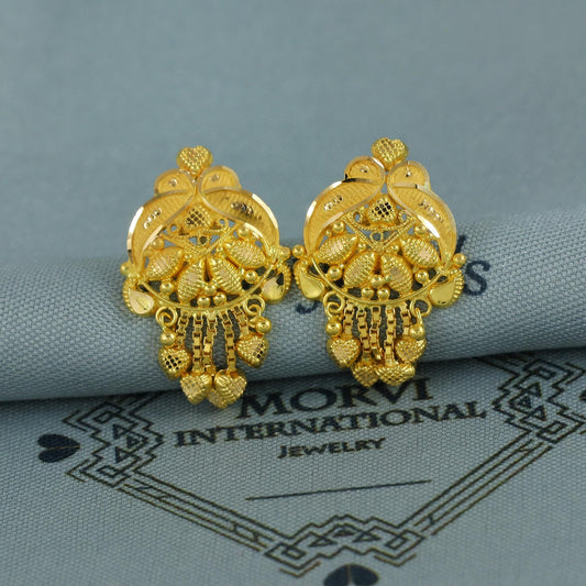 22k Yellow Gold Earrings Intricate Handmade Indian 22kt Gold Stud Dangling chain Earrings Jewelry for Gift, K6944