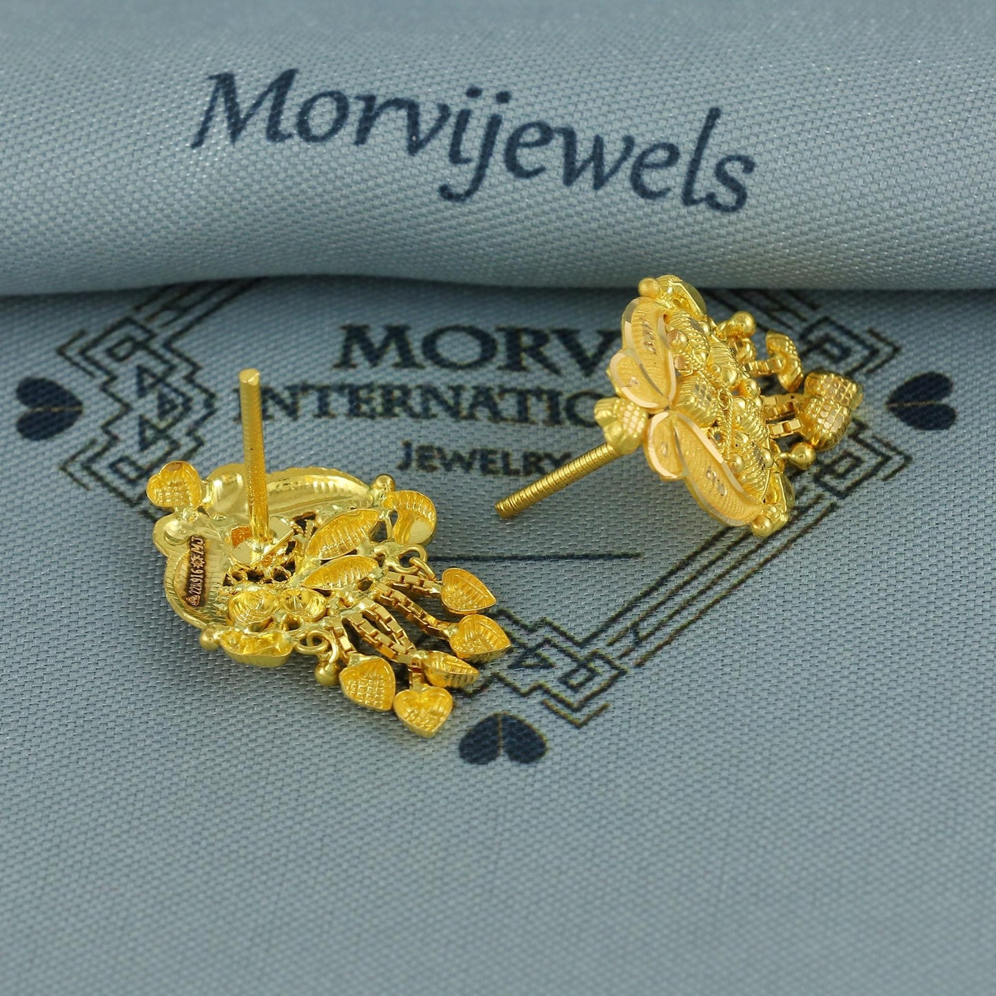 22k Yellow Gold Earrings Intricate Handmade Indian 22kt Gold Stud Dangling chain Earrings Jewelry for Gift, K6944