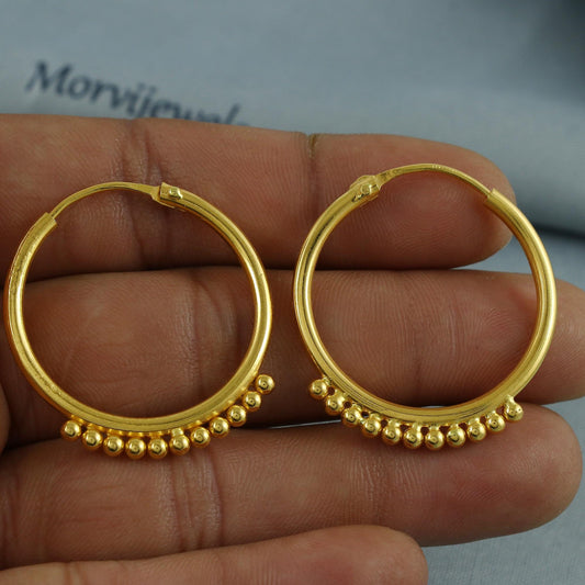 Pure 22k Yellow Gold Hoop Bali Earrings, Huggies, Beads Handmade gold earrings for women, Christmas gift, dainty Indian gold earrings, K6946
