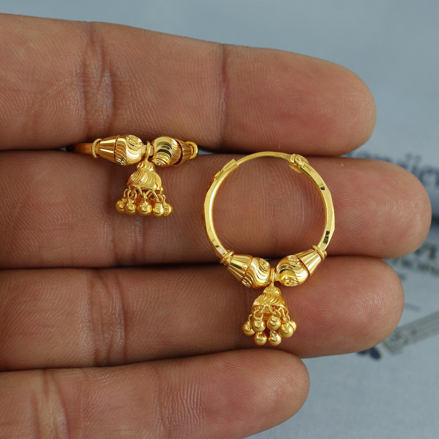 Pure 22k Yellow Gold Hoop Bali Earrings, Huggies, Beads Handmade gold earrings for women, Christmas gift, dainty Indian gold earrings