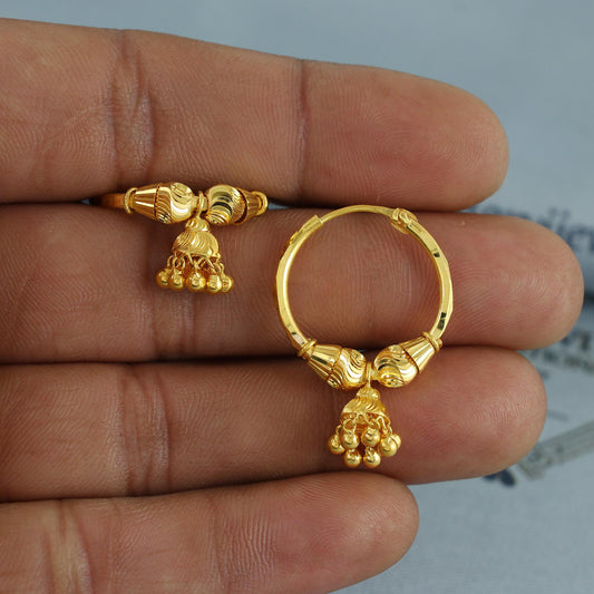 Pure 22k Yellow Gold Hoop Bali Earrings, Huggies, Beads Handmade gold earrings for women, Christmas gift, dainty Indian gold earrings