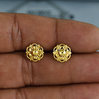 18k Gold Studs earrings, screw back small heart earrings, Genuine Gold Earrings Indian Handmade Jewelry for Women, K7025