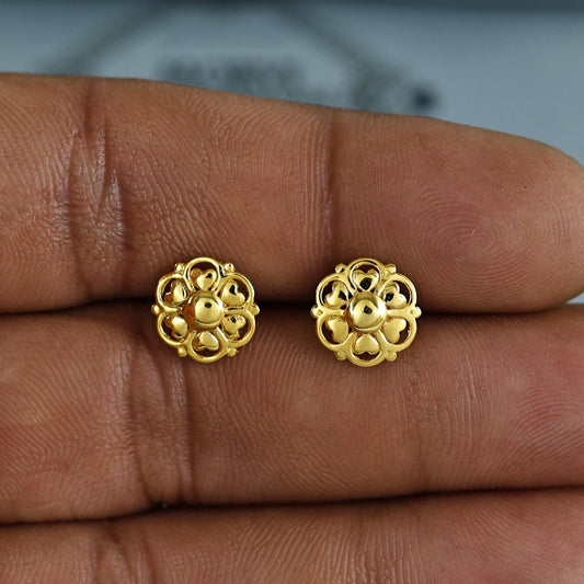 18k Gold Studs earrings, screw back small heart earrings, Genuine Gold Earrings Indian Handmade Jewelry for Women, K7025