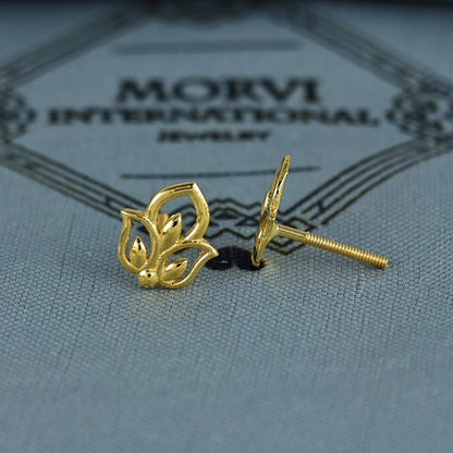18k Gold Studs earrings, screw back small flower earrings, Genuine Gold Earrings Indian Handmade Jewelry for Women, K7028