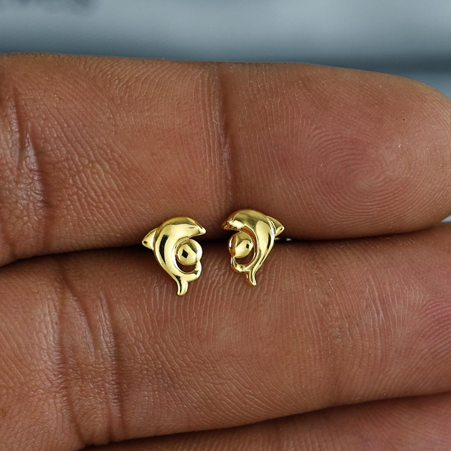 18k Gold Studs earrings, screw back small dolphin earrings, Genuine Gold Earrings Indian Handmade Jewelry for Women, K7035