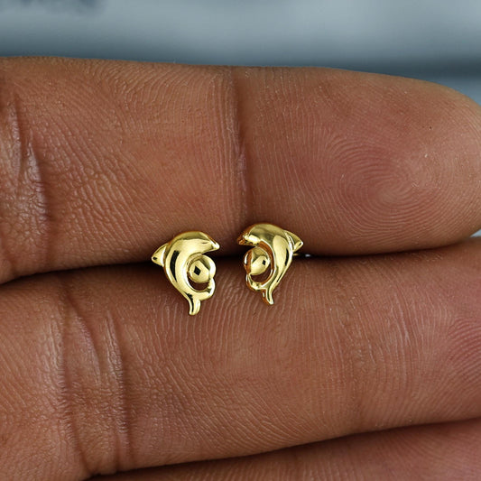 18k Gold Studs earrings, screw back small dolphin earrings, Genuine Gold Earrings Indian Handmade Jewelry for Women, K7035