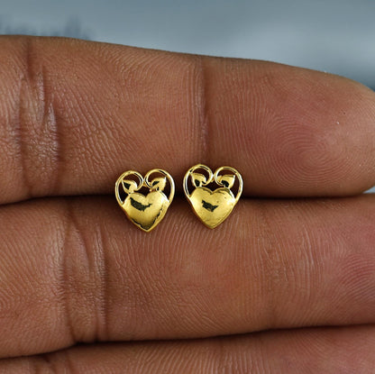18k Gold Studs earrings, screw back small heart earrings, Genuine Gold Earrings Indian Handmade Jewelry for Women, K7037