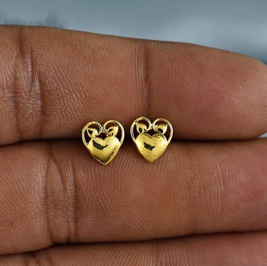 18k Gold Studs earrings, screw back small heart earrings, Genuine Gold Earrings Indian Handmade Jewelry for Women, K7037