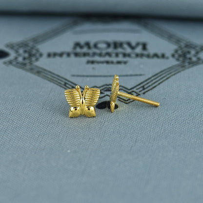 18k Gold Studs earrings, screw back small butterfly earrings, Genuine Gold Earrings Indian Handmade Jewelry for Women, K7044