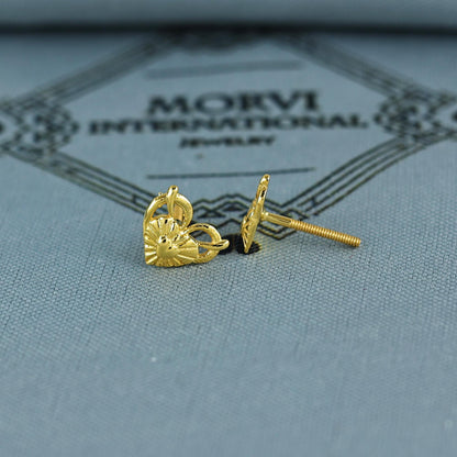 18k Gold Studs earrings, screw back small heart earrings, Genuine Gold Earrings Indian Handmade Jewelry for Women, K7046