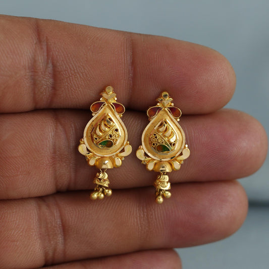 22k pure gold earrings indian asian gold earrings for wedding handmade jewelry for women gift, K7053