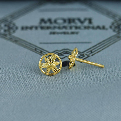 18k Gold Studs earrings, screw back small flower earrings, Genuine Gold Earrings Indian Handmade Jewelry for Women, K7031