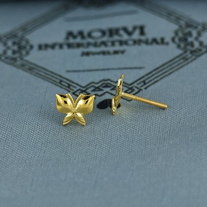 18k Gold Studs earrings, screw back small butterfly earrings, Genuine Gold Earrings Indian Handmade Jewelry for Women, K7032