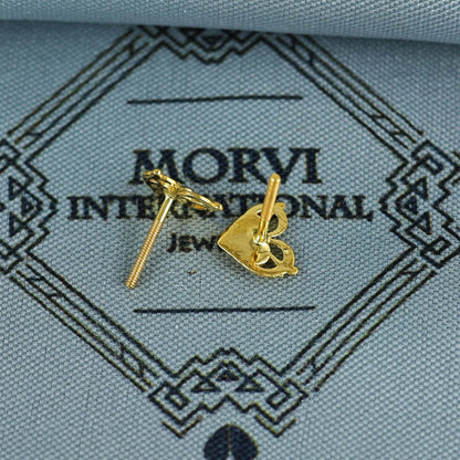 18k Gold Studs earrings, screw back small heart earrings, Genuine Gold Earrings Indian Handmade Jewelry for Women, K7046