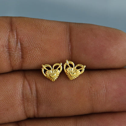 18k Gold Studs earrings, screw back small heart earrings, Genuine Gold Earrings Indian Handmade Jewelry for Women, K7046