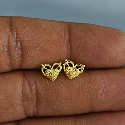 18k Gold Studs earrings, screw back small heart earrings, Genuine Gold Earrings Indian Handmade Jewelry for Women, K7046