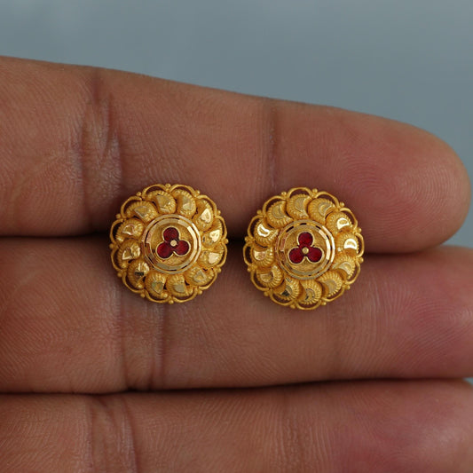22k pure gold earrings indian asian gold stud earrings for wedding handmade jewelry for women gift, K7050