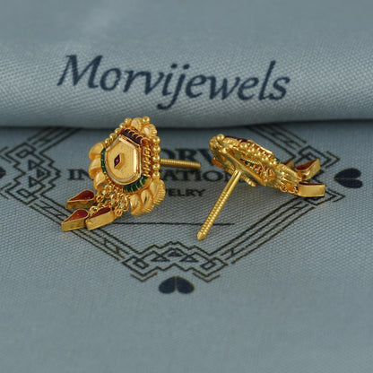 22k pure gold earrings indian asian gold earrings for wedding handmade jewelry for women gift, K7060