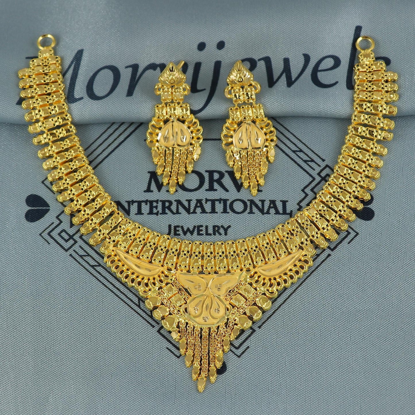 Indian Solid 22k Gold Necklace Earrings Set, Lightweight delicate Jewelry Set, Pure Real Necklace with Earrings Wedding Party Wear, K7067
