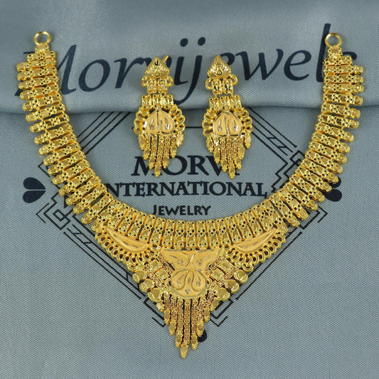 Indian Solid 22k Gold Necklace Earrings Set, Lightweight delicate Jewelry Set, Pure Real Necklace with Earrings Wedding Party Wear, K7067