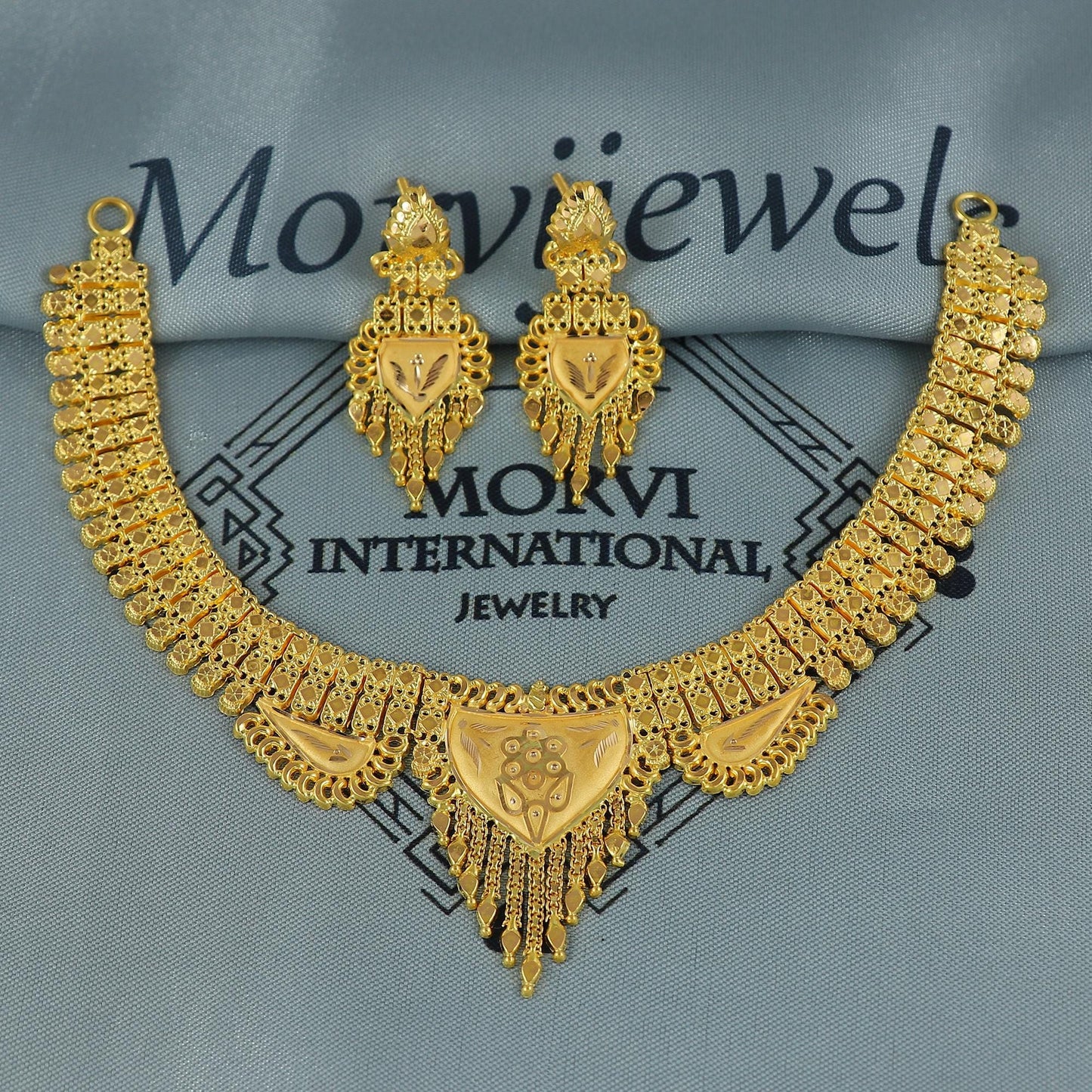 Indian Solid 22k Gold Necklace Earrings Set, Lightweight delicate Jewelry Set, Pure Real Necklace with Earrings Wedding Party Wear, K7069