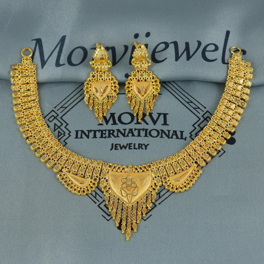 Indian Solid 22k Gold Necklace Earrings Set, Lightweight delicate Jewelry Set, Pure Real Necklace with Earrings Wedding Party Wear, K7069