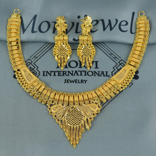 Indian Solid 22k Gold Necklace Earrings Set, Lightweight delicate Jewelry Set, Pure Real Necklace with Earrings Wedding Party Wear, K7070