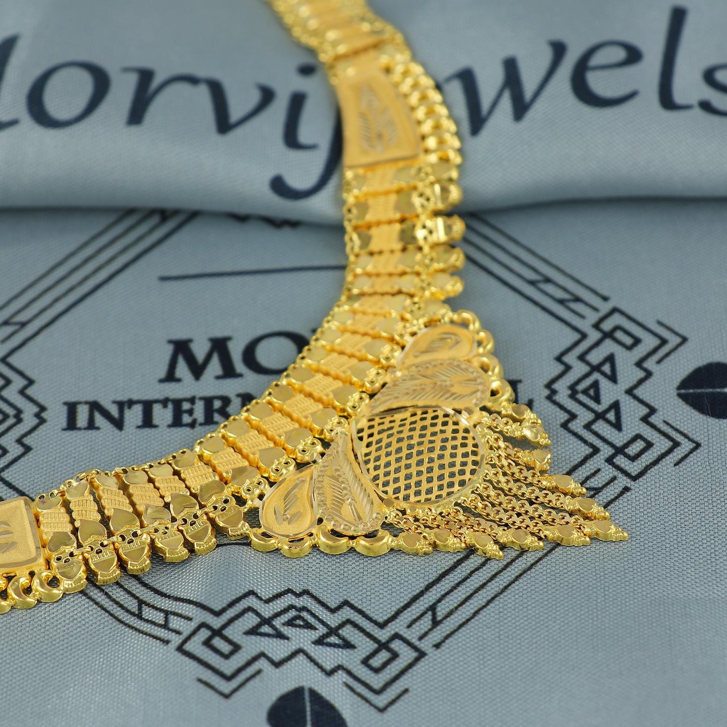 Indian Solid 22k Gold Necklace Earrings Set, Lightweight delicate Jewelry Set, Pure Real Necklace with Earrings Wedding Party Wear, K7070