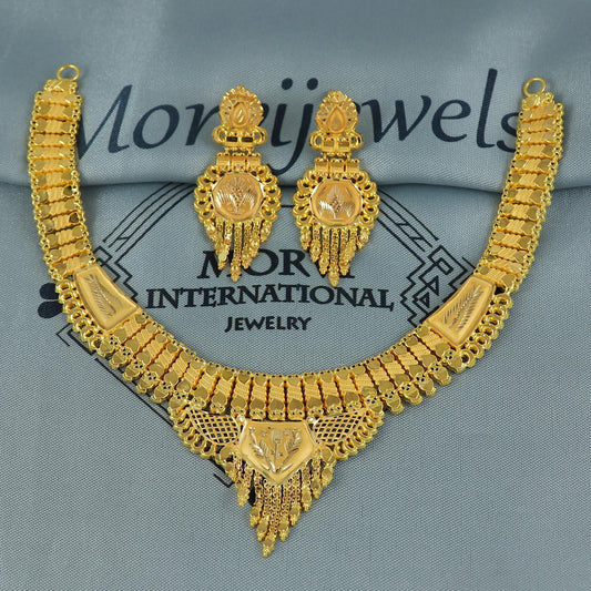Indian Solid 22k Gold Necklace Earrings Set, Lightweight delicate Jewelry Set, Pure Real Necklace with Earrings Wedding Party Wear, K7072